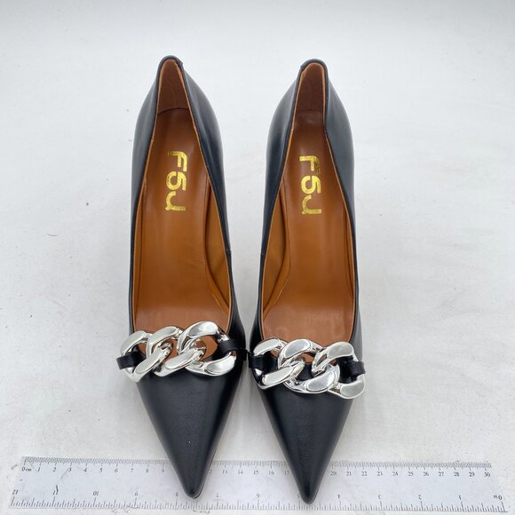 FSJ Black Stiletto High Heels Pumps Pointed Toe Metal Chain Decor Formal Shoes - Picture 2 of 7